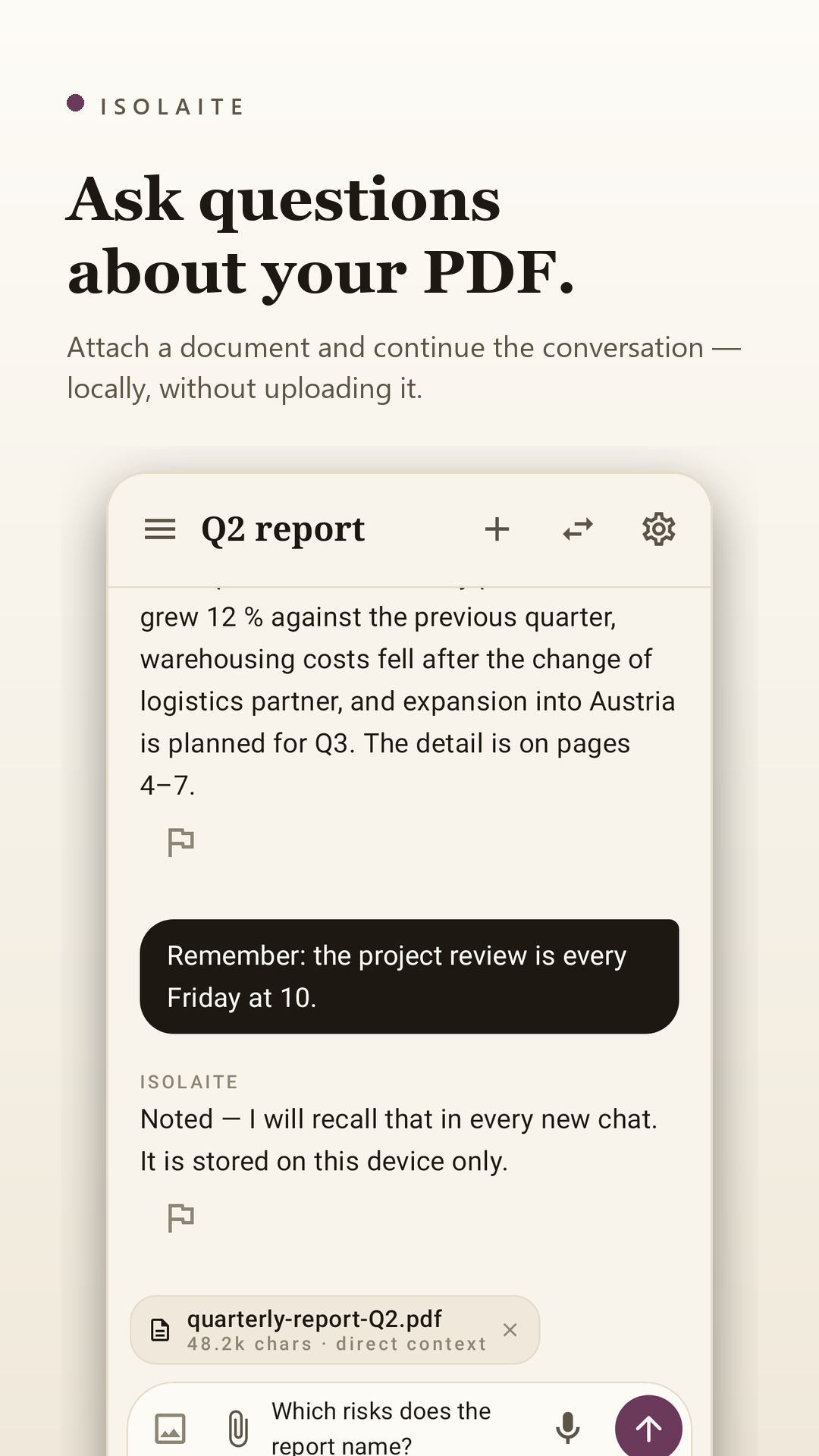 A chat with an attached PDF, answered locally