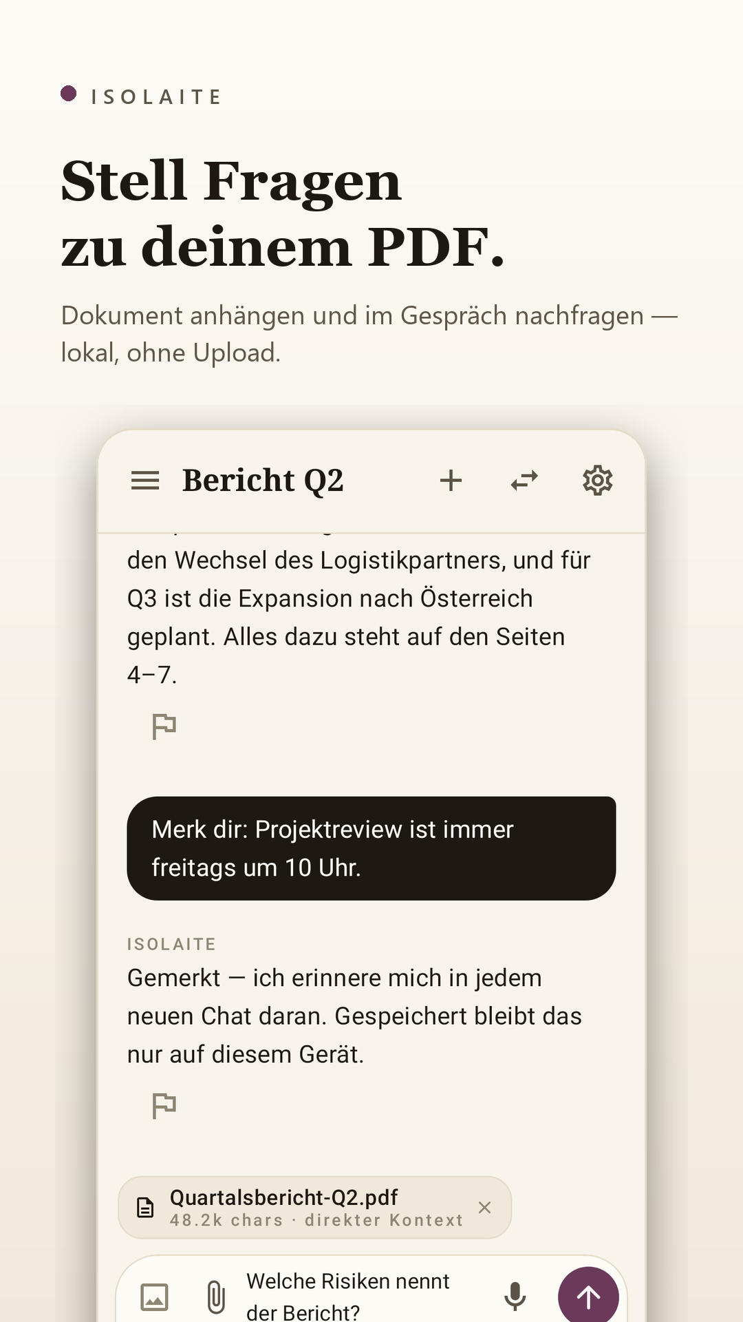 Chat mit angehängtem PDF, lokal beantwortet
